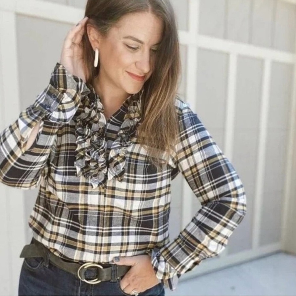 CAbi Seattle Shirt Women's Medium Plaid Flannel Ruffle Button Down Blue Yellow - Picture 2 of 9